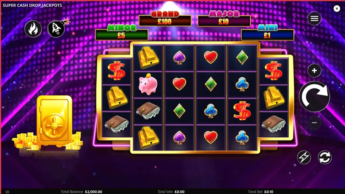 Tampilan layar permainan slot Super Cash Drop Jackpots dengan nuansa neon