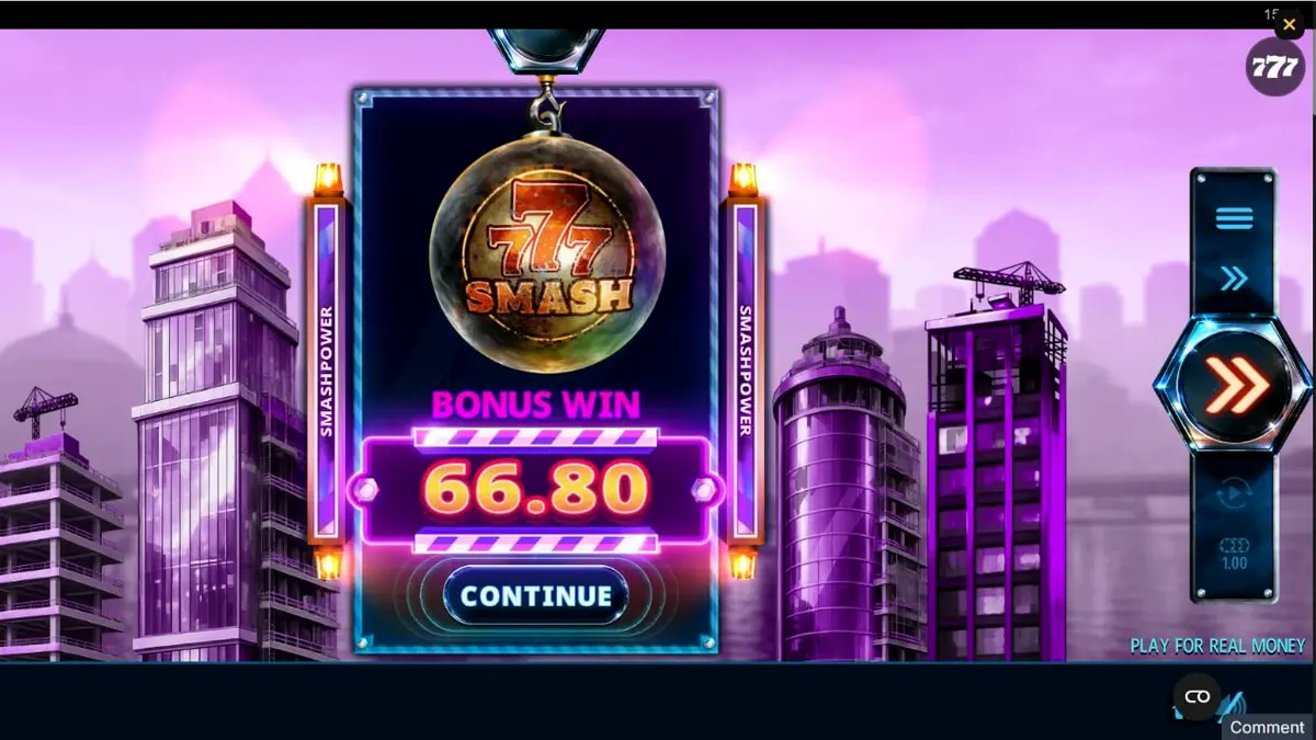 Tampilan visual slot 777 Smash dengan latar belakang lokasi konstruksi dan wrecking ball.